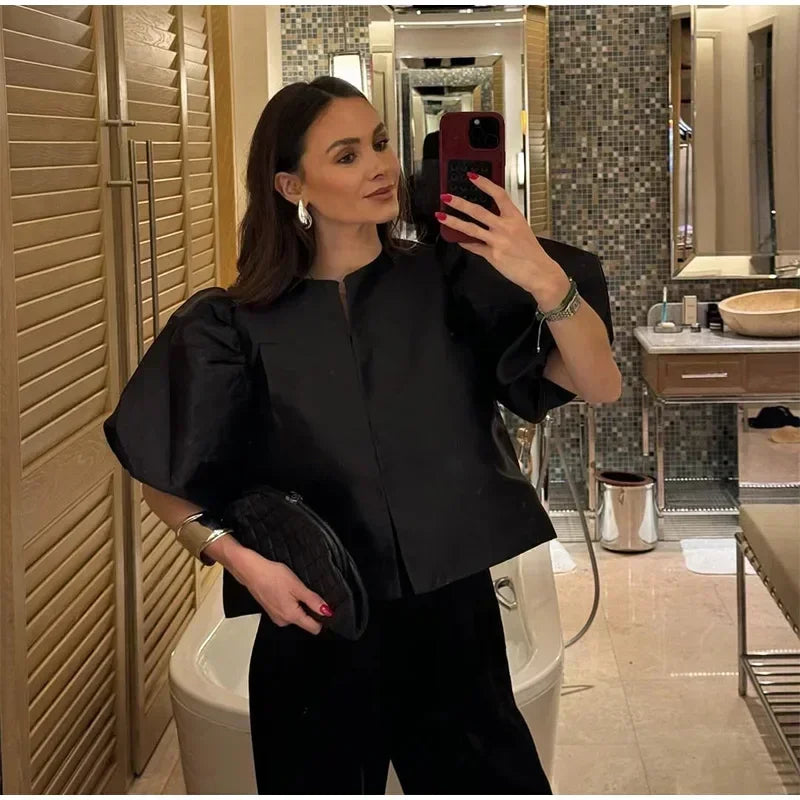 Elegant Button Puff Sleeve Top