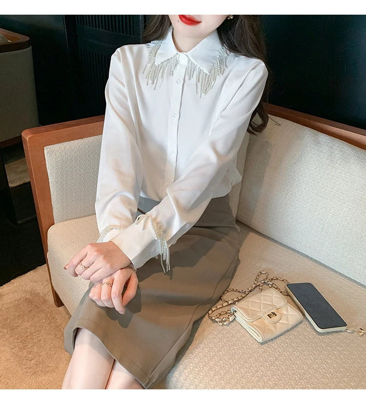 Luxus Perlen Perlen Quasten Weiße Hemden