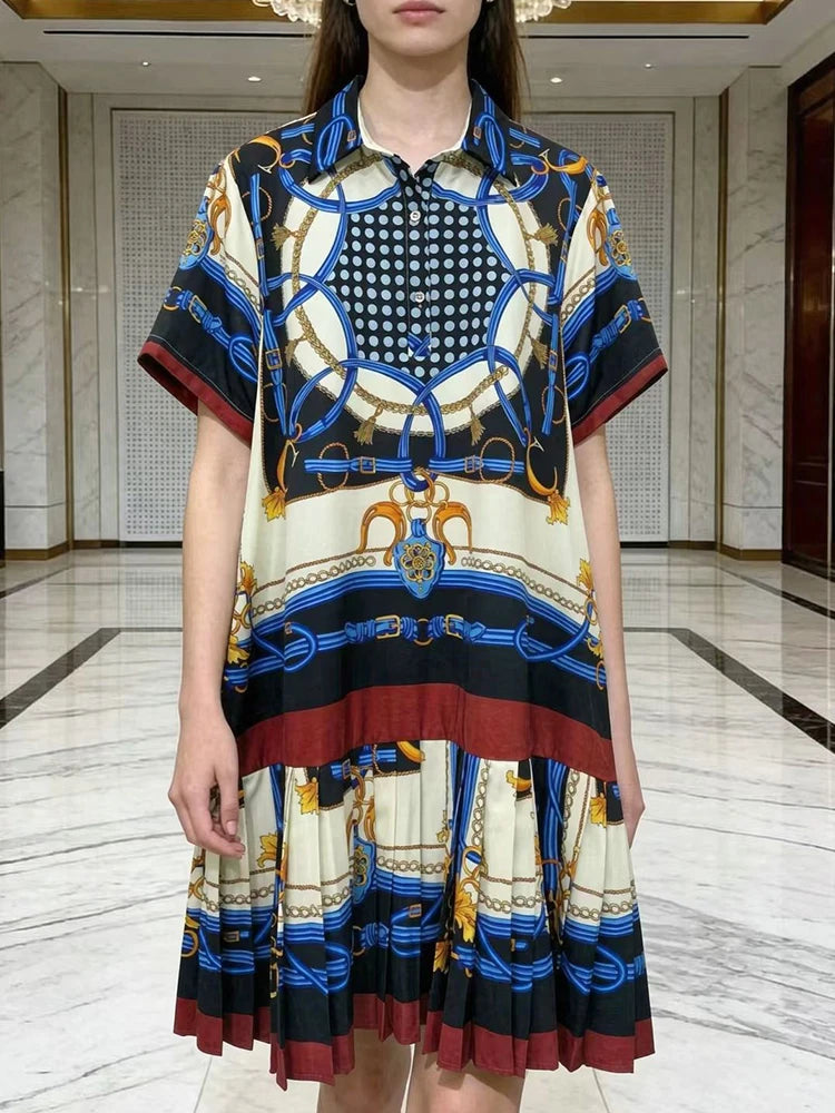 Retro geometric print lapel pullover short sleeve shirt dress 2026 summer women's tutu skirt fashion shirring loose dress - Shellss