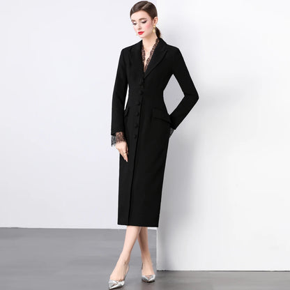 Blazer Dress Women Notched V-Neck Single-Breasted Long