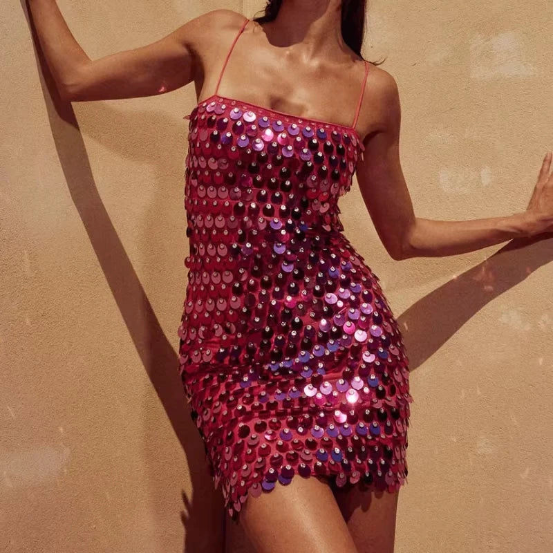 Women Party Club Shiny Sequined Backless Cami Dress Y2k Sparkly Slim Fit Adjustable Thin Spaghetti Strap Mini Bodycon Slip Dress