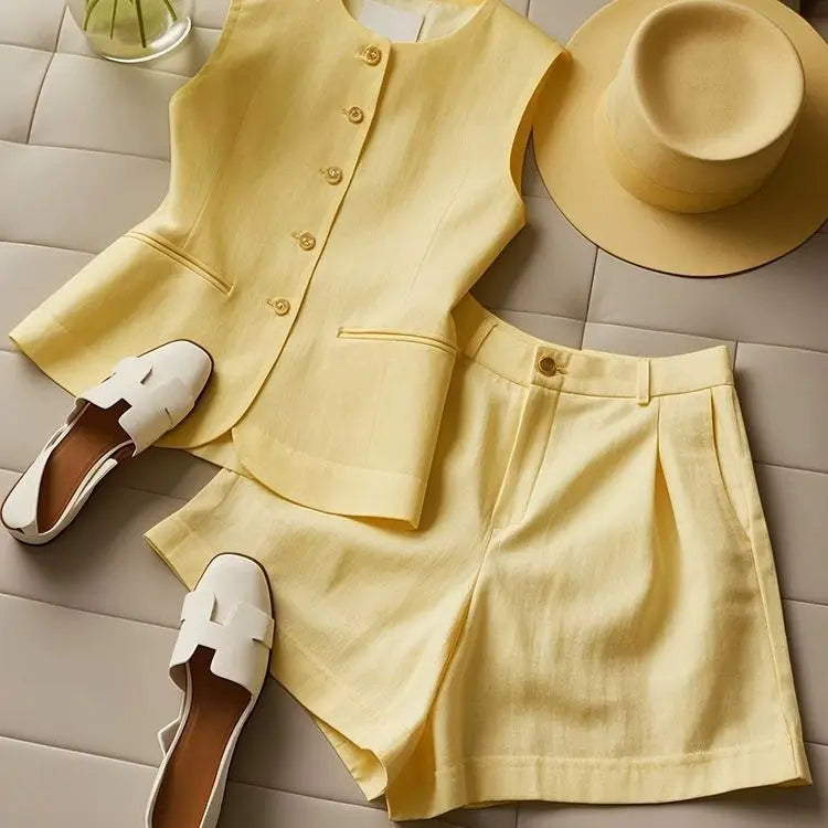 Yellow Vest High Waist Shorts Set - Shellss