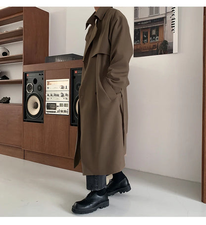 Trench Men Coat British Style Solid Double Breasted Oversize Leisure Long Coats