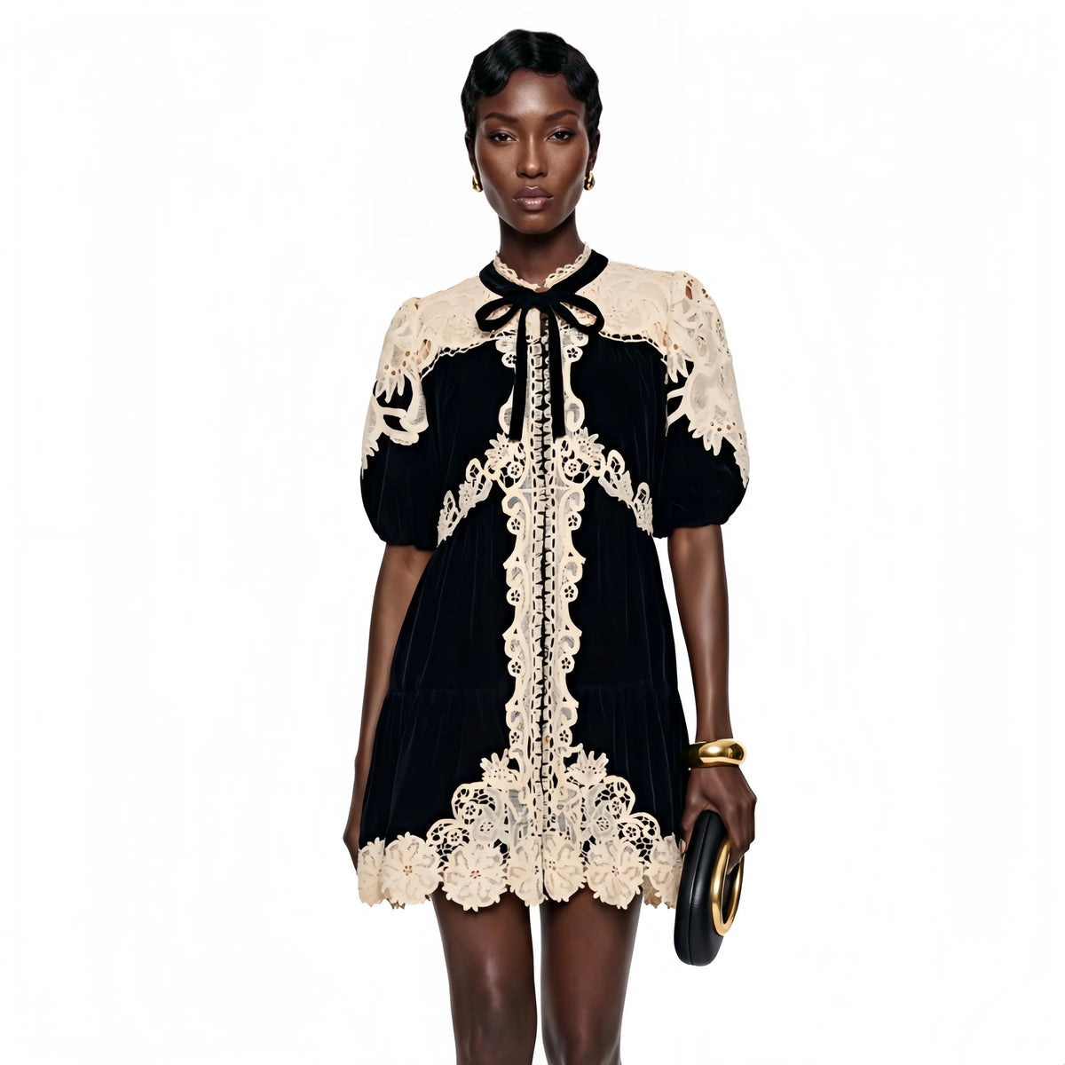 Customized Black Velvet Mini Dress Beige Crochet Lace Patchwork Puff Sleeve Bow Tie Neck Vintage Short Dress Elegant Party Dress - Shellss