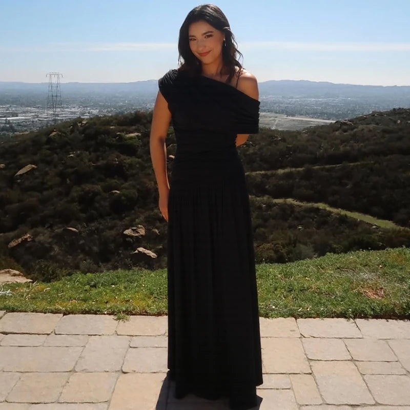 Hugcitar One Shoulder Ruched Sleeveless Solid Pleated Sexy Irregular Y2K Maxi Dress Summer Elegant Party Women Clothes Vacation - Shellss