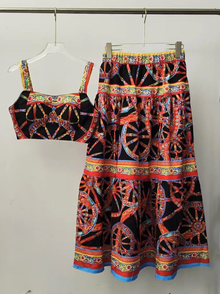2026 Summer Women's Clothing Retro Geometric Print Sexy Suspender Lapel Shirt Two-piece Set + Shirring Loose Skirt Fashion Suit - Shellss