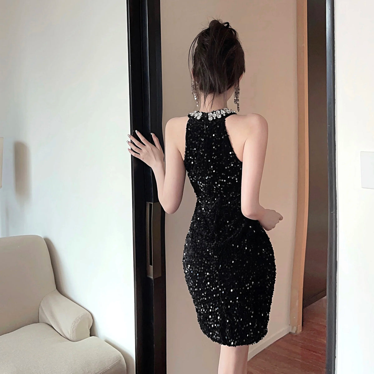 Celebrity Lady Diamonds Beads Halter Black Birthday Party Dress Summer Sequined Hollow Out Sleeveless Elegant Pencil Mini Dress