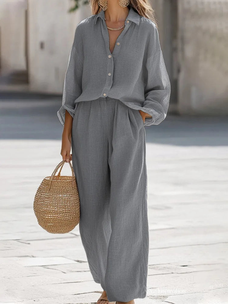 Linen Shirt Pants Suits Casual Two Piece Set