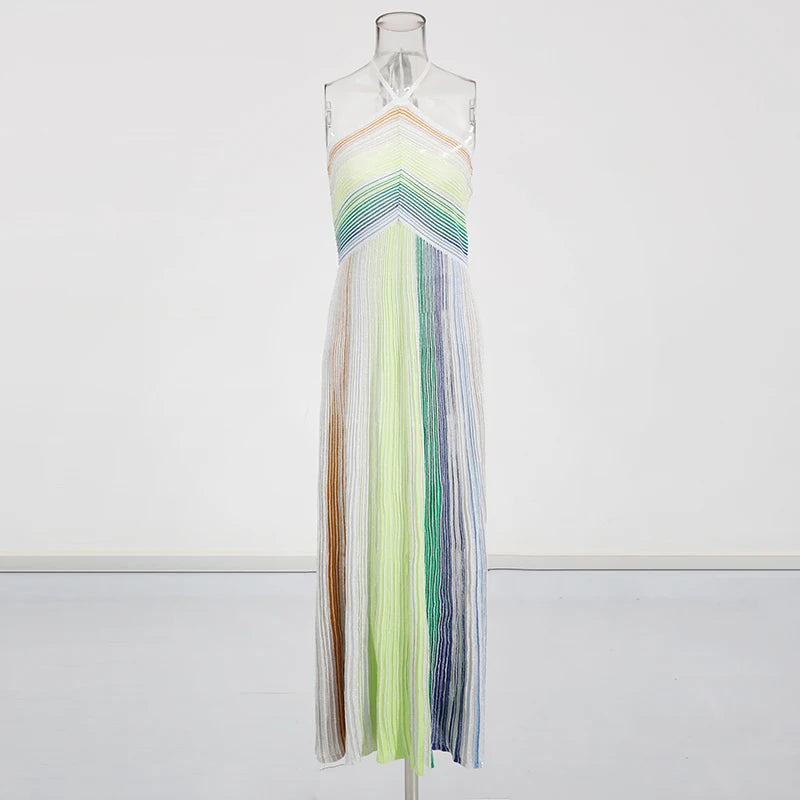 TWOTWINSTYLE Colorblock Spliced Striped Fashion Dresses for Women Halter Neck Sleeveless Patchwork Bright Silk Dress Female New