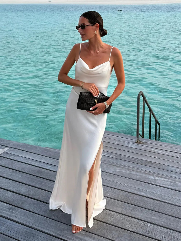 Sexy Women Dress Hollow Sleeveless Deep V Neck Big Backless Hip Package Long Dresses Elegant Summer New Beach Holiday Robes Lady