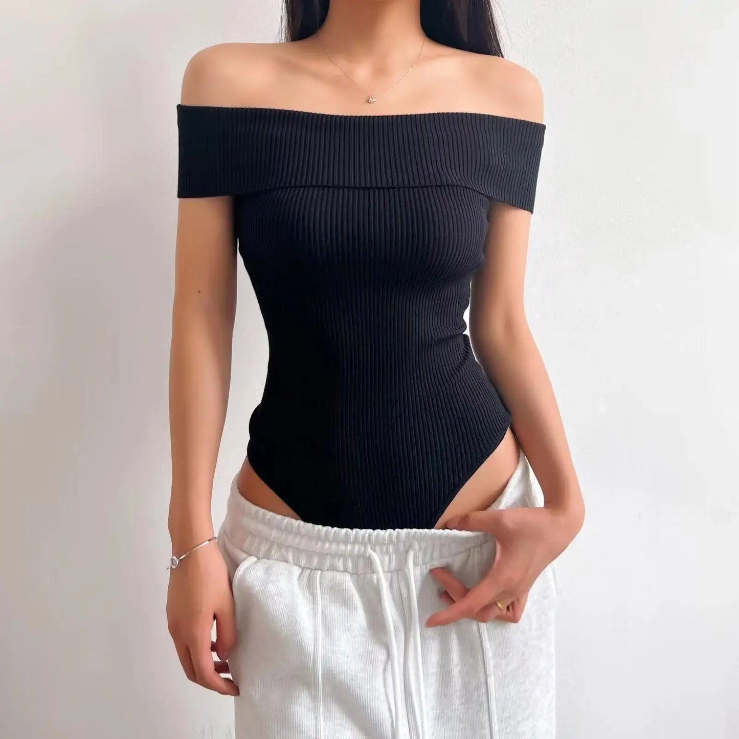 Off Shoulder Rib Knitted Bodysuit