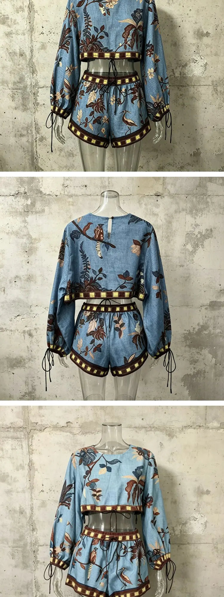 Bohemian Style Short Sleeve T-Shirt And High Waist Shorts Set round Neck Lantern Sleeve Print Casual Fashion Women's Outfit - Shellss