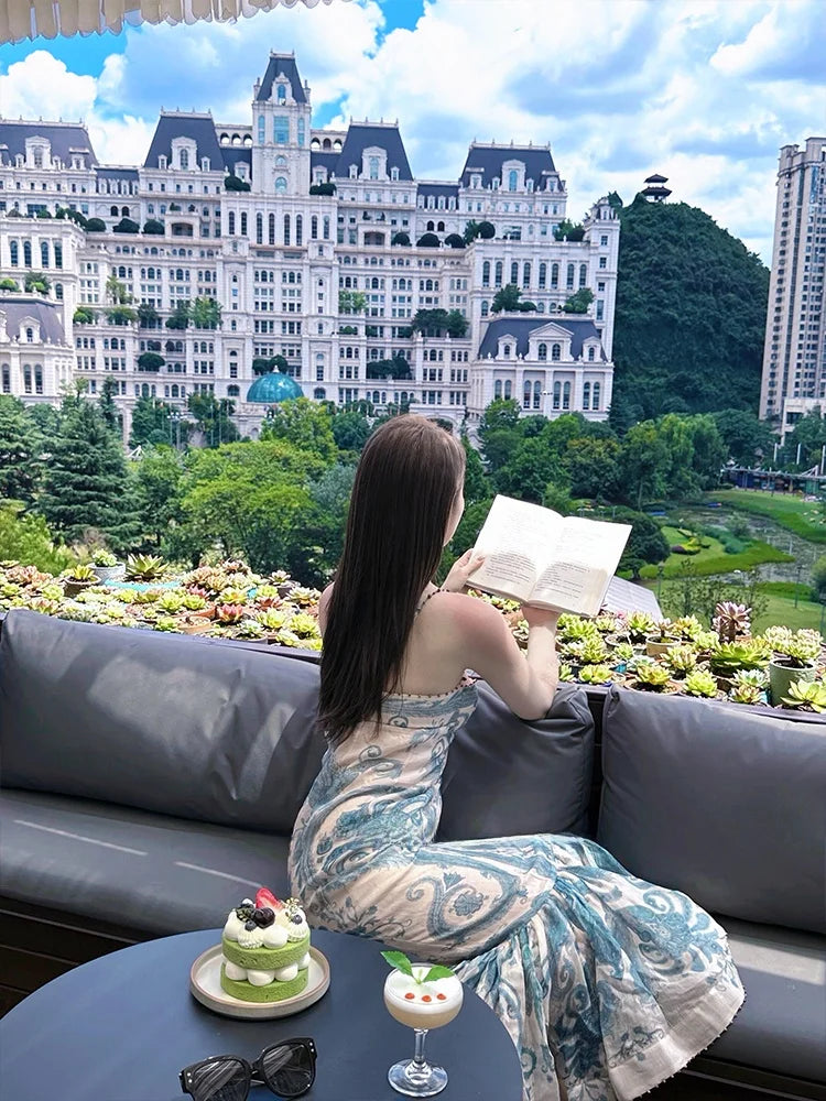 Elegant Strapless Printed Long Dress
