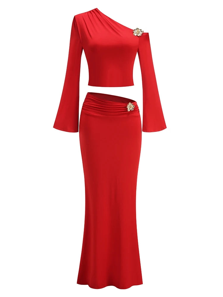Women's Metal Flower Skirt Two Piece Set Sexy Slanted Neck Long Sleeves Top + Slim Long Skirt Suits Celebrity Party Cocktail