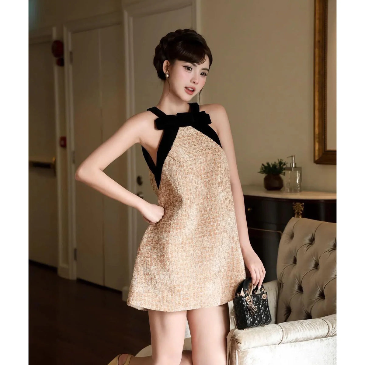 DEAT Women Halter Bow Tweed Mini Dress Color Block Neck Trim Loose Straight Cut Sleeveless Elegant Cocktail Birthday Daily
