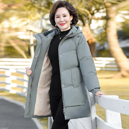 Winter Cotton padded Jacket Hooded solid color fleece thick Parkas Warm Loose Long Overcoat middle aged and Grandma Snow Coat