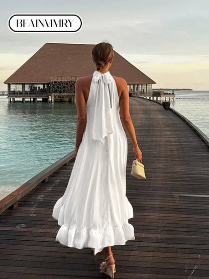 Chic White Round Neck Sleeveless Long Dress Elegant Off-the-shoulder Irregular Hem Gown New Female Summer Beach Club Vestidos