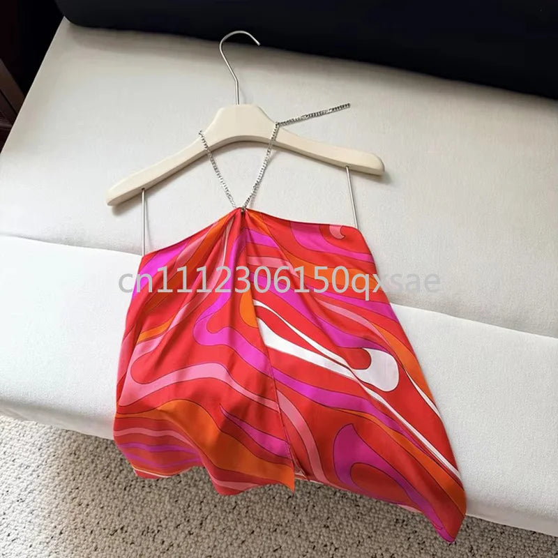 Luxury Design Women's Blue Dress Sets with Designer Signature Letter Logo Luxury Brand Lady Sexy Sleeveless Halter Tops Sets - Shellss