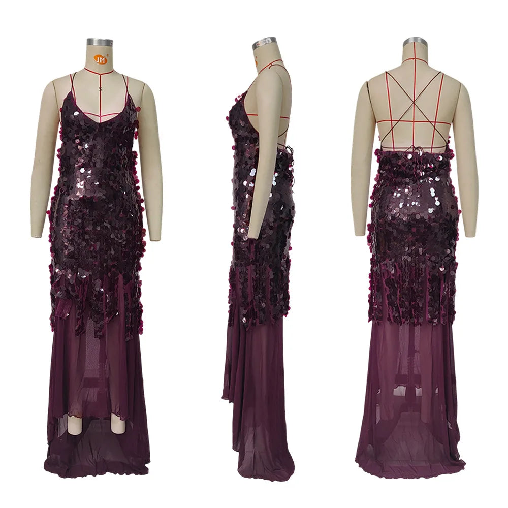 New Summer Sequins Patchwork Mesh Slim Long Dress Women Casual Vacation Dress Sexy Suspender V Neck Backless Evening Dress