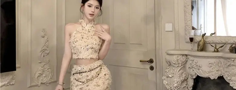 Summer New Little Fragrance Style Hot Girl Tassel Bright Particle Top Bodycon High Waist  Skirt Two Piece Set Women