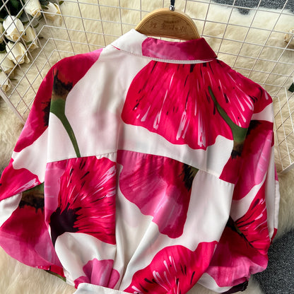 Vintage Satin Floral Pink Red