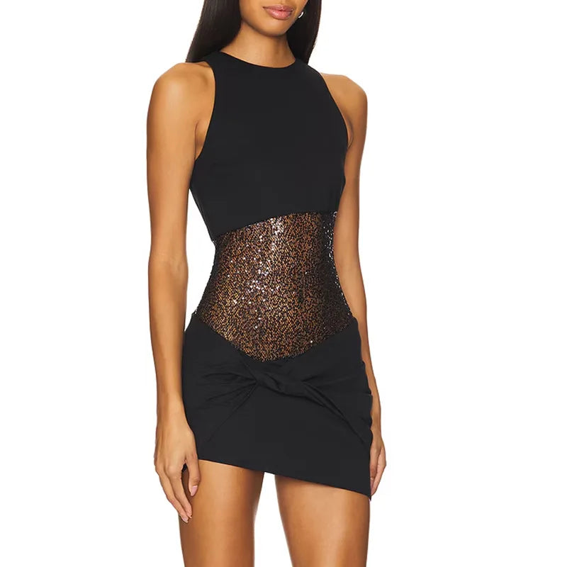 Women Sexy Spicy Girl Party Mini Dress Crew Neck Sleeveless Sequin Patchwork Twisted Knot Bodycon Short Dress Nightclub Banquet