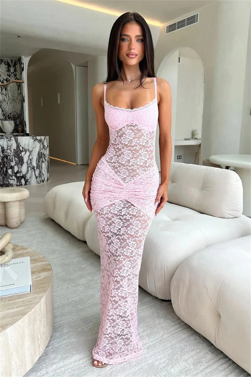 Mozision Lace Spaghetti Strap Sexy Maxi Dress Women Elegant See Through Sleeveless Backless Ruched Slinky Club Party Long Dress
