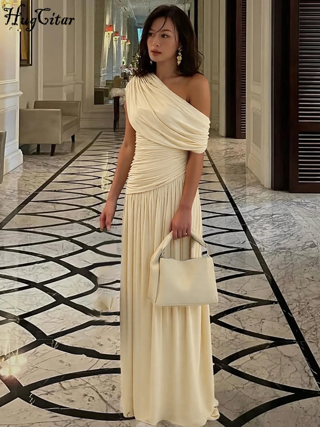 Hugcitar One Shoulder Ruched Sleeveless Solid Pleated Sexy Irregular Y2K Maxi Dress Summer Elegant Party Women Clothes Vacation - Shellss