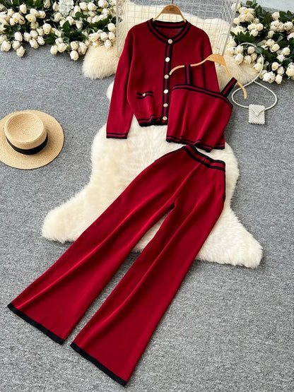 Strick-Cardigan + Hose mit weitem Bein, gestreift, lässig, 3-teiliges Set