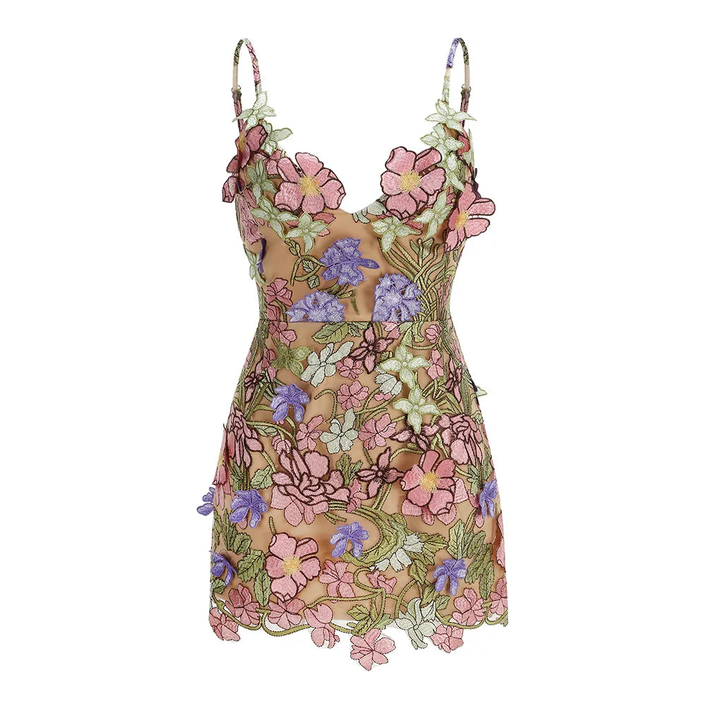 New Chiffon Skin Penetrating Floral V-Neck Suspender Dress With Sleeveless Back Straps Embroidered Evening Gown Party Mini Skirt