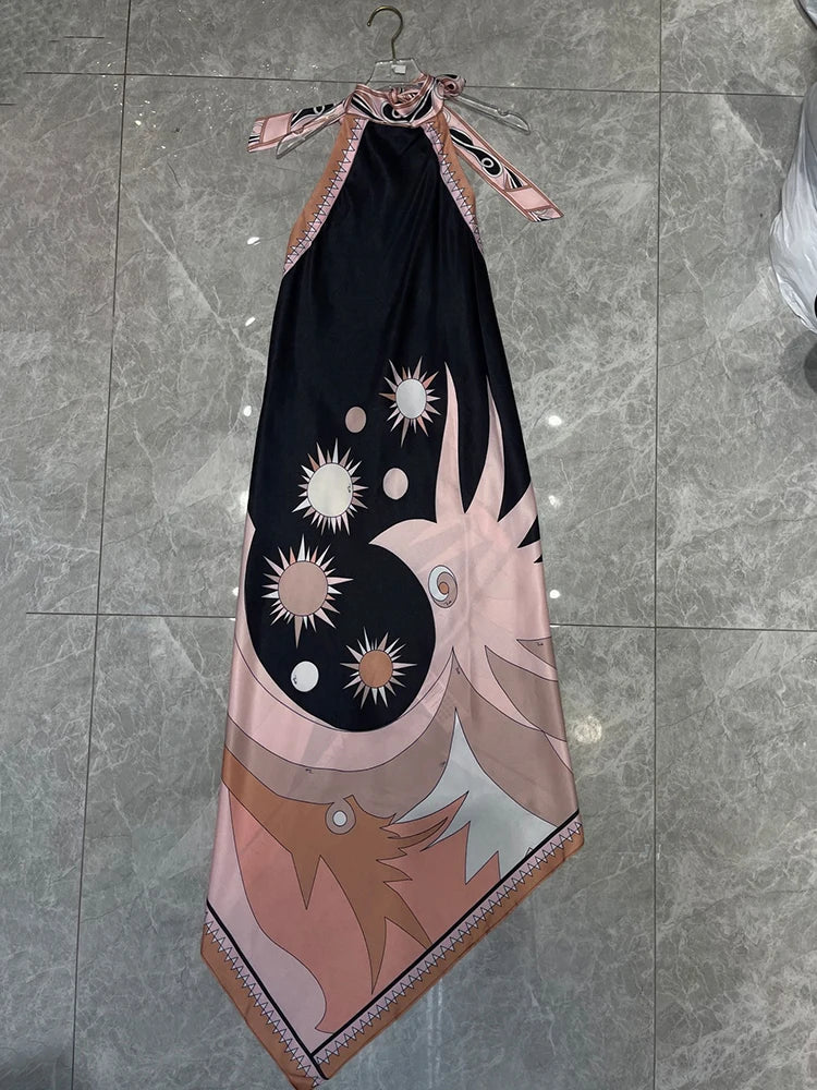 2026 Summer Women's Clothing Retro Geometric Print Sexy Backless Sleeveless Halter Dress Fashion A-Line Irregular Skirt - Shellss