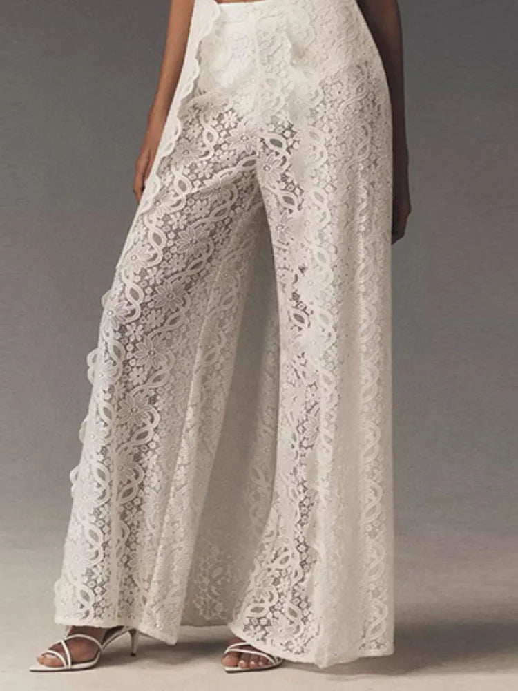 Casual Lace Long Coats Pant Set Women Solid See Through Tops Long Straight Pants Sets Female 2026 Spring Summer Lady Suits