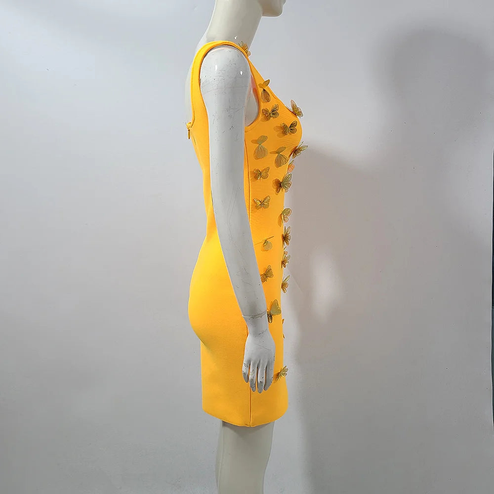 Yellow Runway Mini Knitted Bandage Dress Women 3D Butterfly Sexy High Street Elastic Vestidos Mini Dress Party Club Lady Dresses