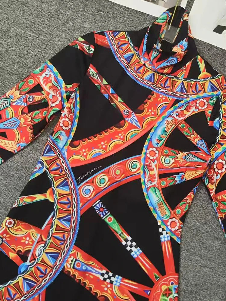 Design Retro Geometric Print High Collar Pullover Waist Dress 2026 Autumn Women's Clothing Fashion Stretch Knit Hip Cover Skirt - Shellss