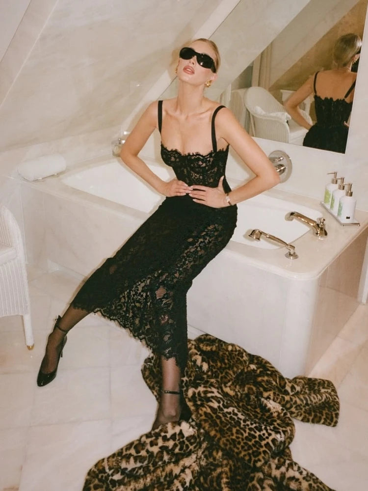 Sexy Spaghetti Strap V Neck Lace Long Dress Women Black Floral Lace Sleeveless Bodycon Dresses Elegant Evening Celebrity Party - Shellss