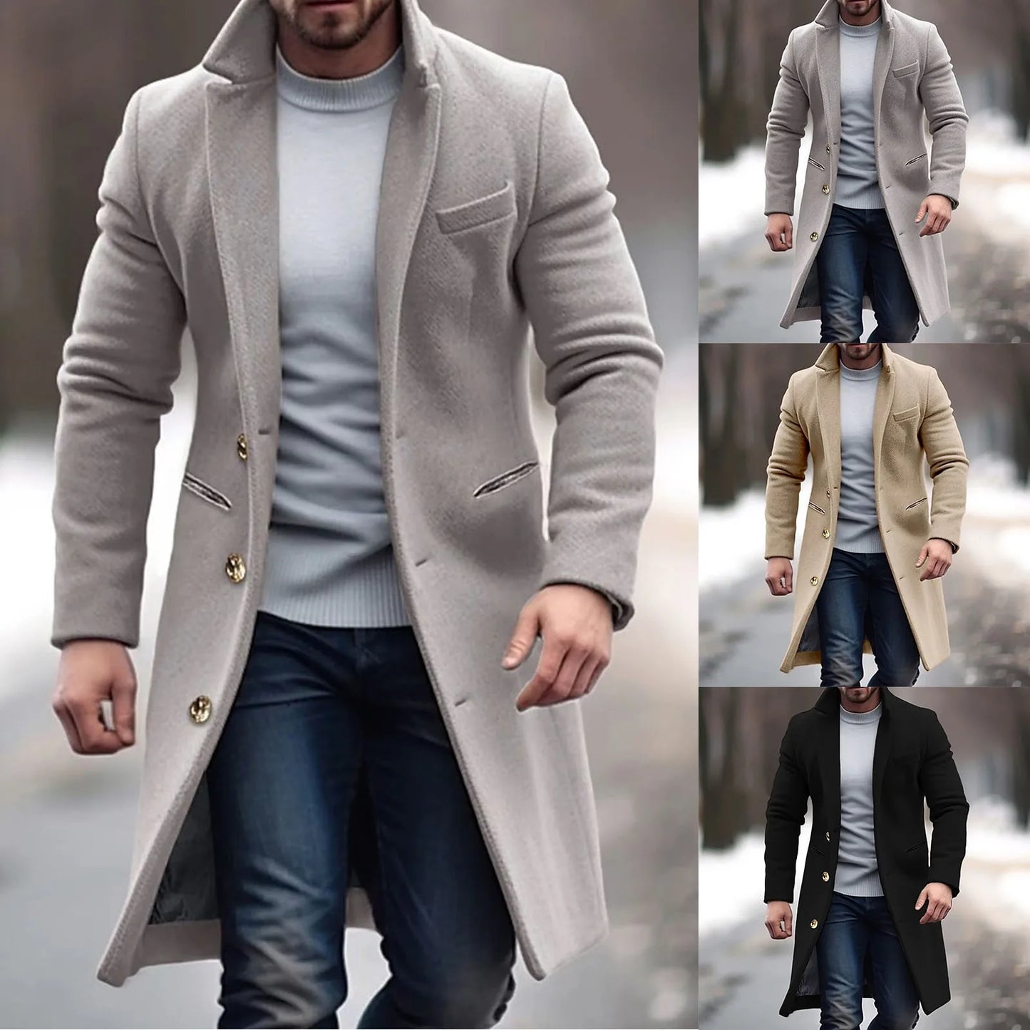 Mid Length Men Winter Windbreaker Jacket Solid Color Lapel Single Breasted