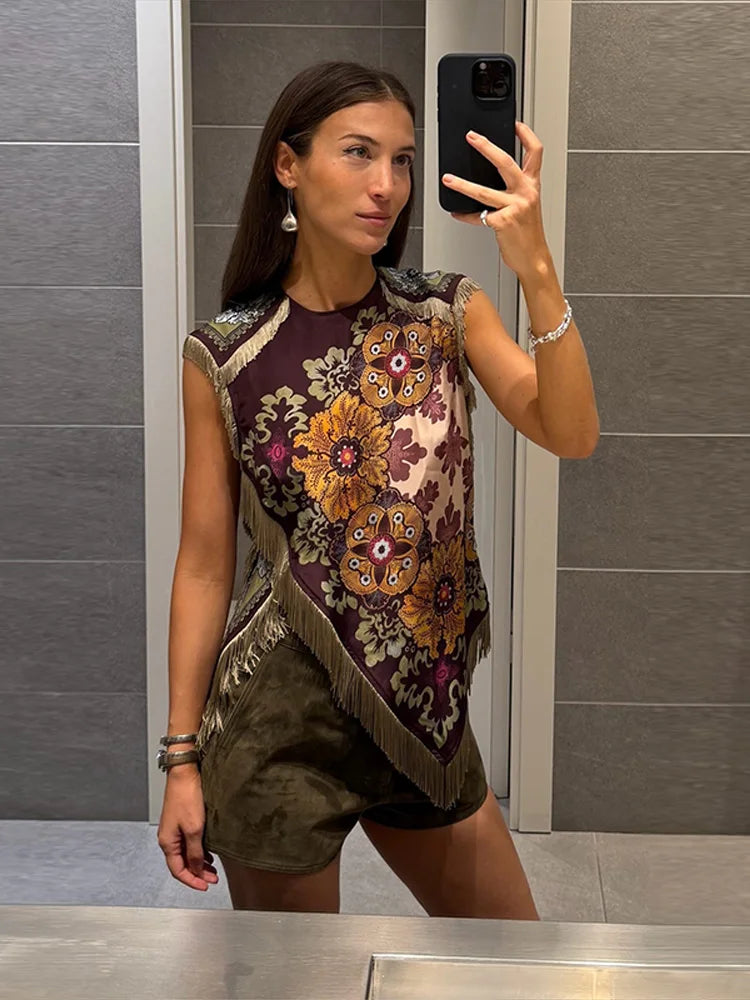 Women Retro Scarf Print Fringe Two Piece Set Sleeveless Round Neck Top Mini Skirt Boho 2026 Summer Vacation Matching Outfit
