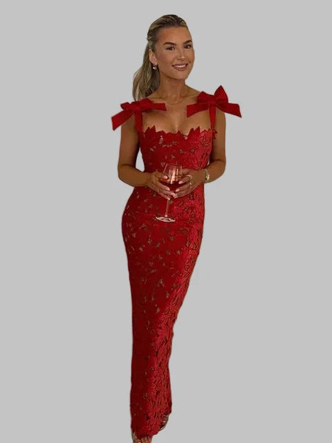 Red Bodycon Lace satin Bow Tie Dress