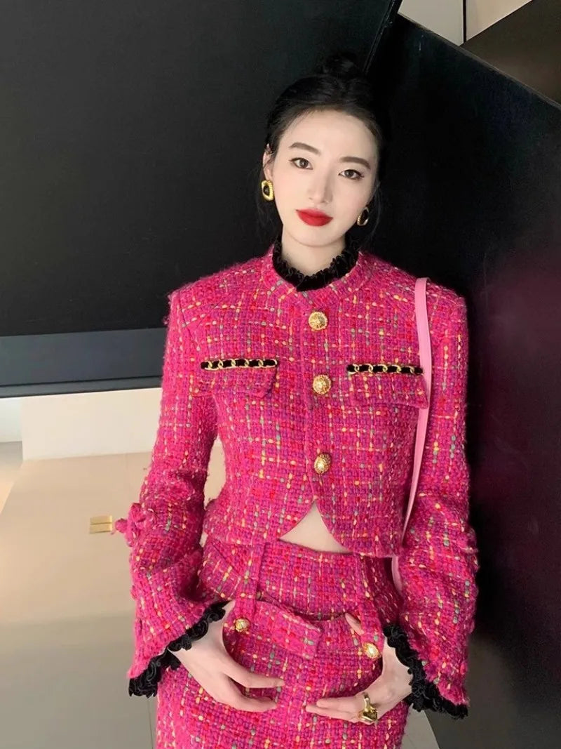 Pink Tweed Short Jacket & Skirt Two Piece - Shellss