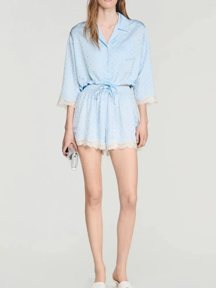 Rhinestone Decoration Women's Lace Trim Short Shirt Waist Drawstring Blouse Top or Lace-Up Waist Elastic Shorts for Summer New - Shellss