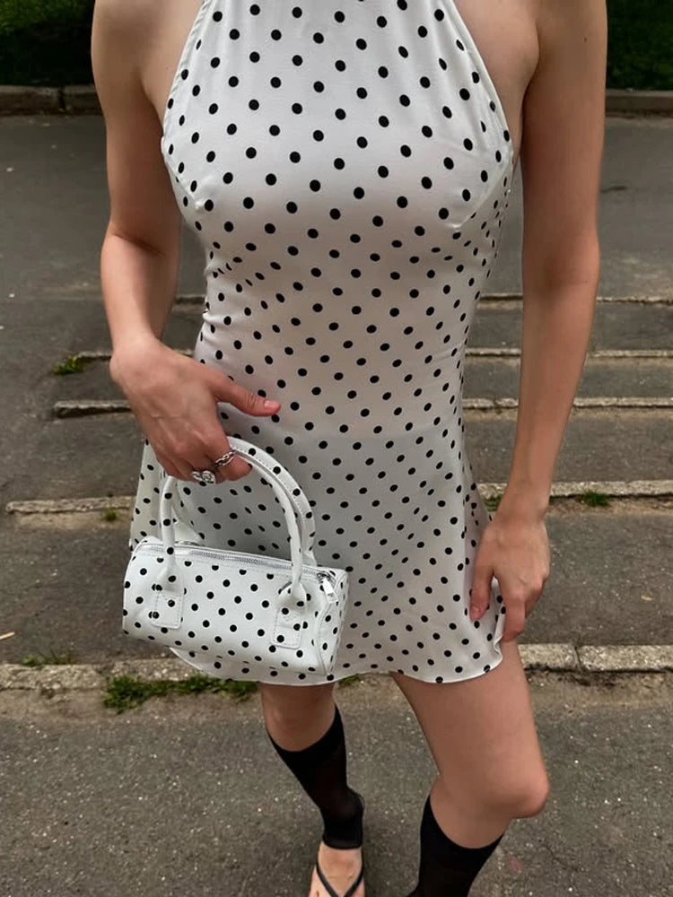 Polka Dots Print Halter Lace-up Dress