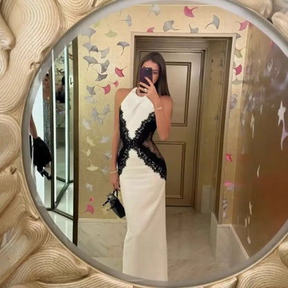 White Black Net Halter Backless