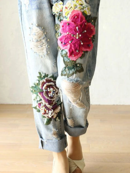 Floral Embroidery Denim Loose Harem Pants