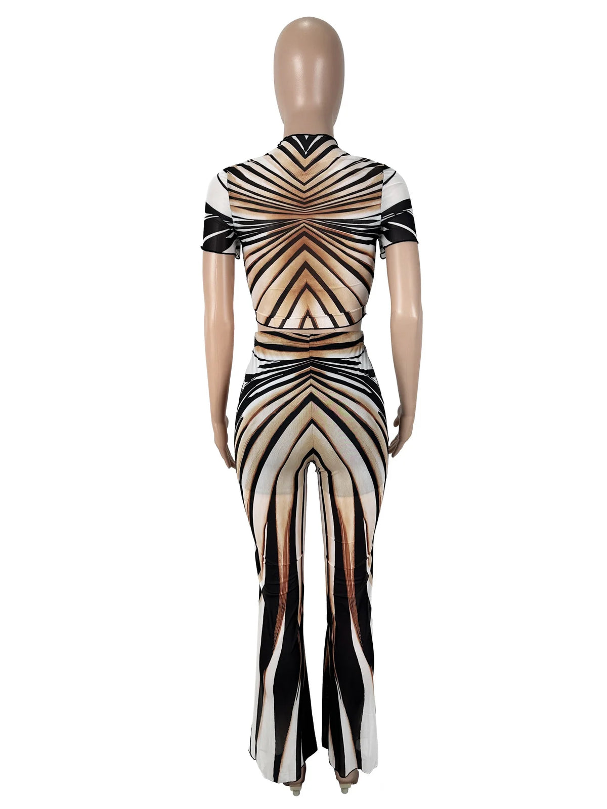 Summer Stripe Sheer Mesh Two Piece Set Women Short Sleeve Top High Waist Pants Elegant See Through Bodycon Matching Sets - Shellss