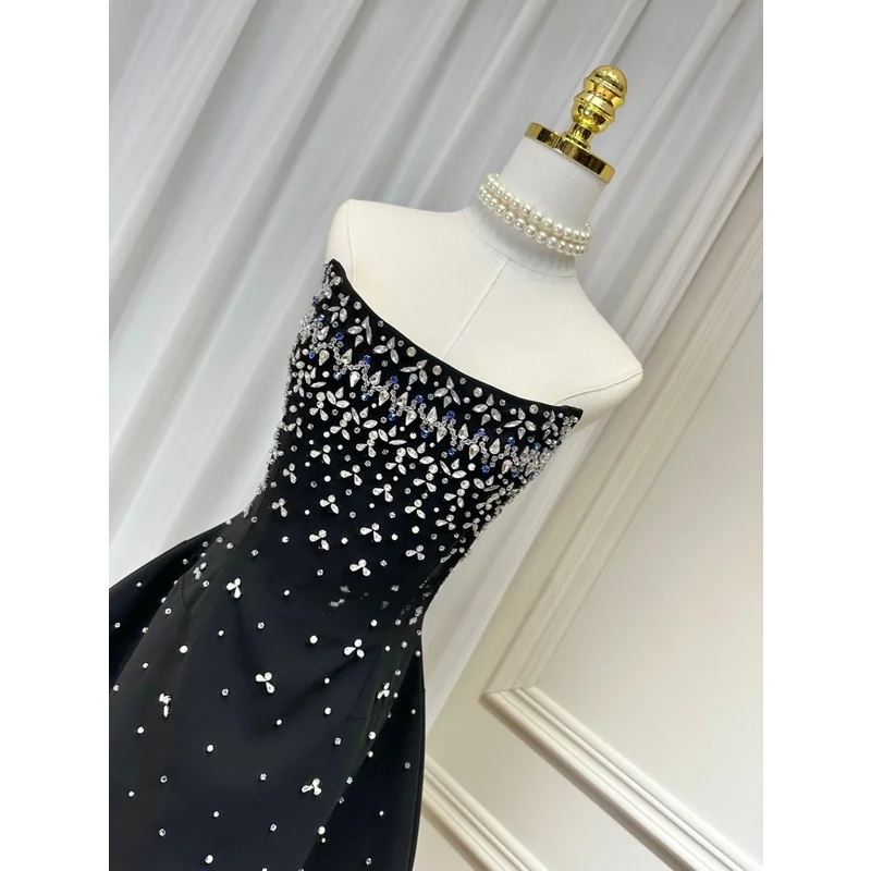 Fishbone Design Diamond Decorated A-Line Gown Heavy Embellishment Strapless Ball Gown Skirt Flounce Summer Dress