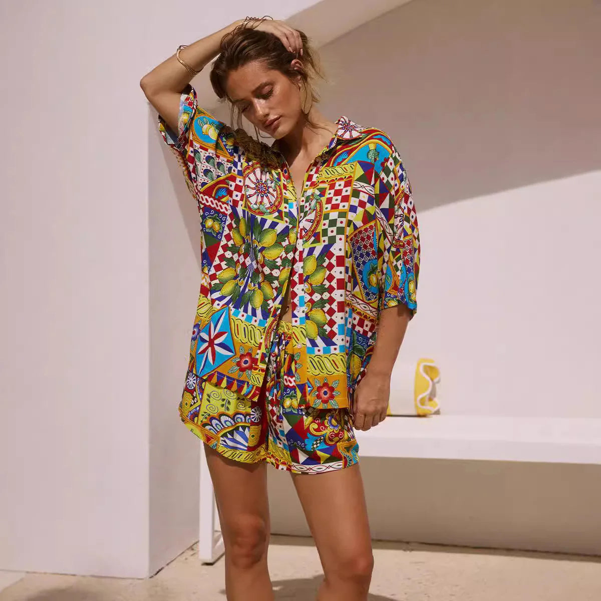 Summer Women's New Classic Printed Women's Pajamas 2-piece Set Half-sleeved Lapel Shorts Pajamas Set Casual Women's Home Clothes - Shellss