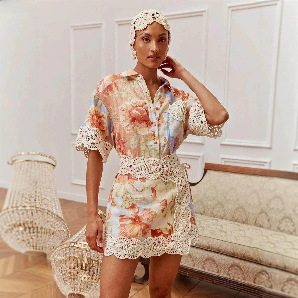 VACAY 2026 Women's Floral Lace Shirt Short Skirt Set Casual Three-Piece Suit European Style Three-Quarter Sleeve Plant Floral... - Shellss