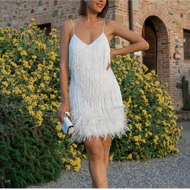 Tassel Sequins Feather Mini Dress