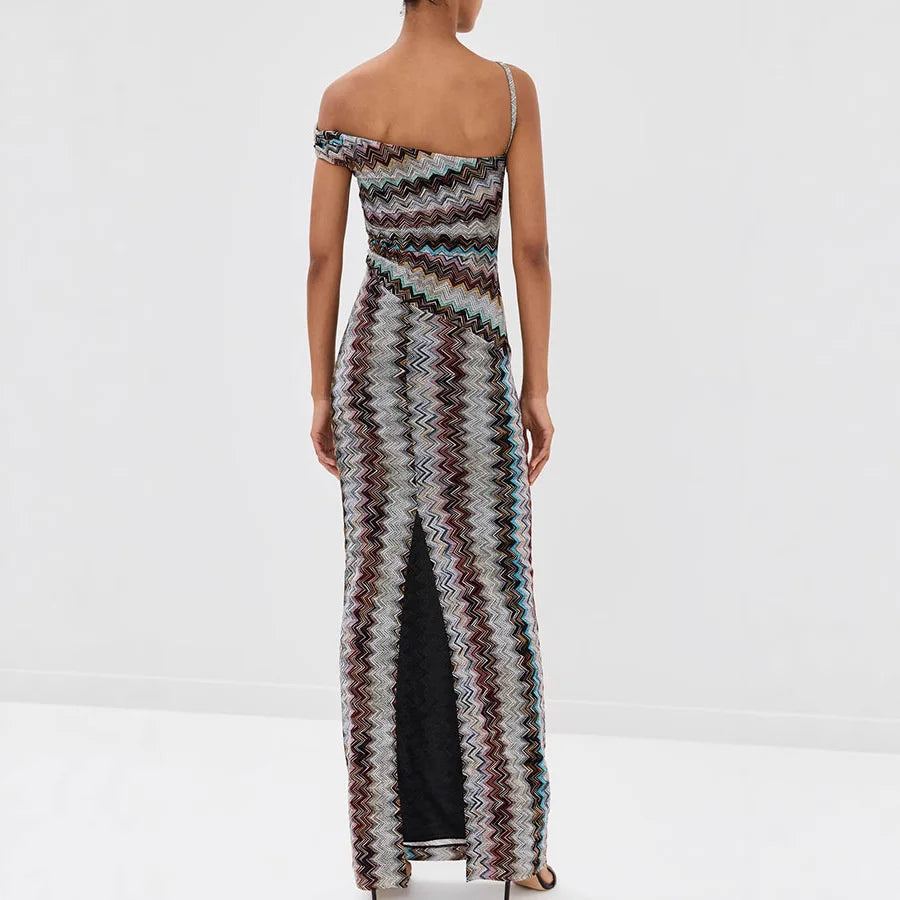 One Shoulder Maxi Dress for Women Striped Sleeveless Long Slim Fit Flowing Beach Dress – Sunset Seaside Vacation Look - Shellss