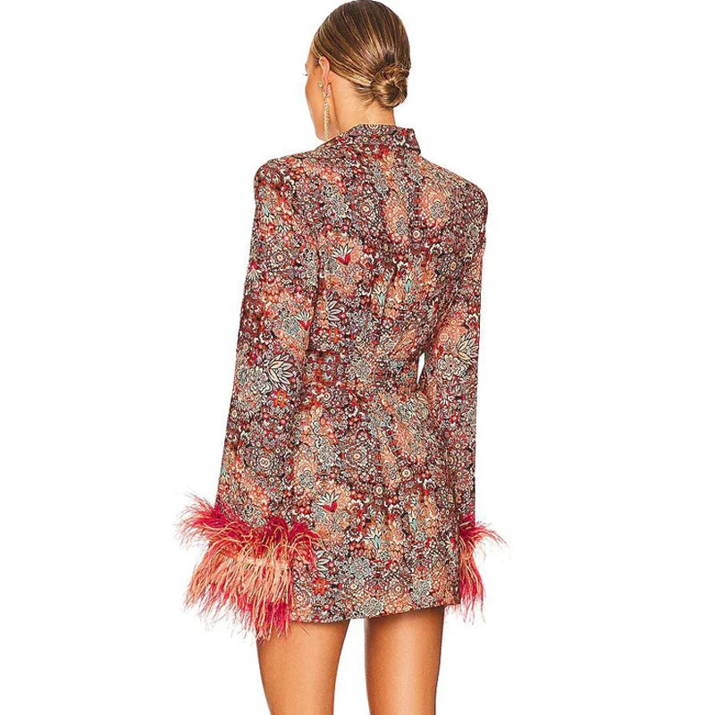 Women Sexy V Neck Floral Print Feather Long Sleeve Bodycon Party Club Event Blazer